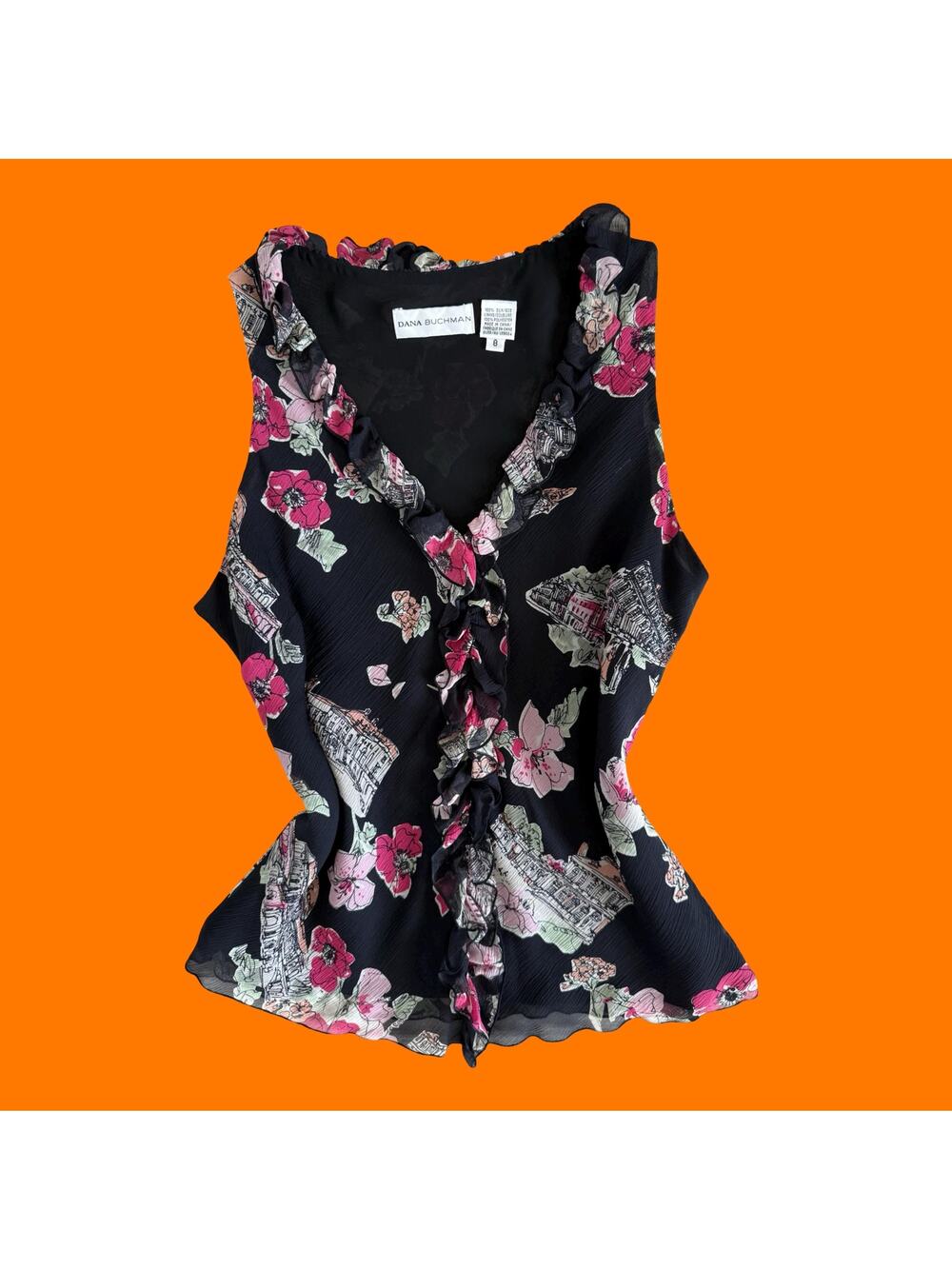 00's vintage 100% silk chiffon romantic ruffled y2k sleeveless blouse Size 8